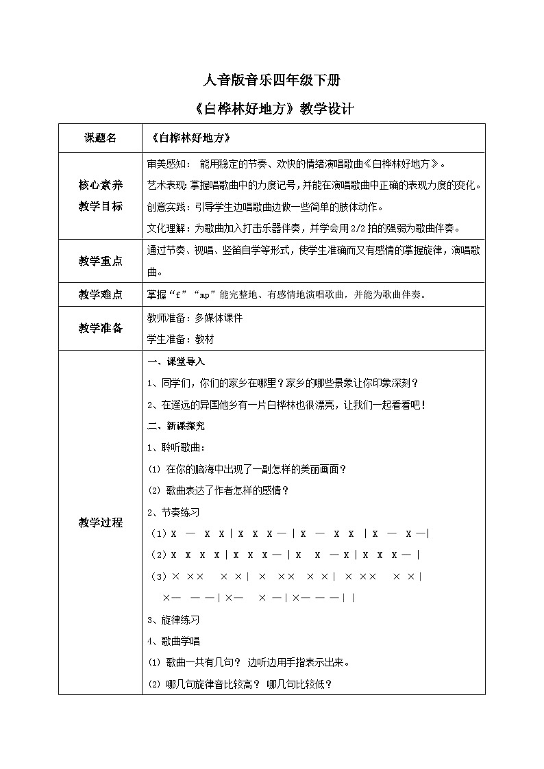 【核心素养目标】人音版（2012）音乐四下4.2 白桦林好地方 教学设计第1页
