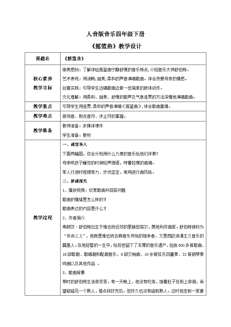 【核心素养目标】人音版（2012）音乐四下6.3 摇篮曲（舒伯特曲）课件+教学设计+素材01