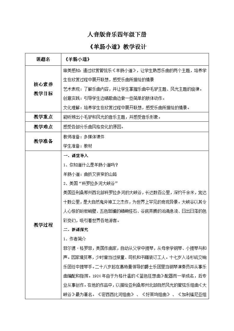 【核心素养目标】人音版（2012）音乐四下7.1 羊肠小道 教学设计第1页
