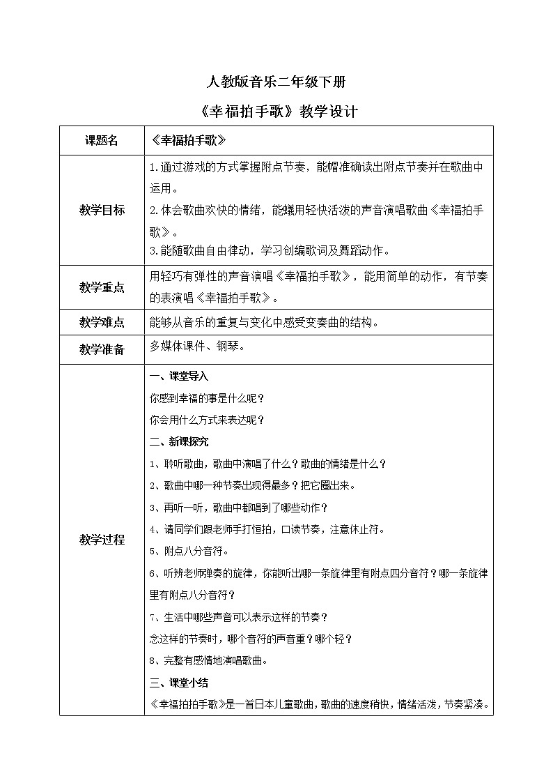 人教版（2012）音乐二下6.4 幸福拍手歌 课件+教学设计+音视频素材01