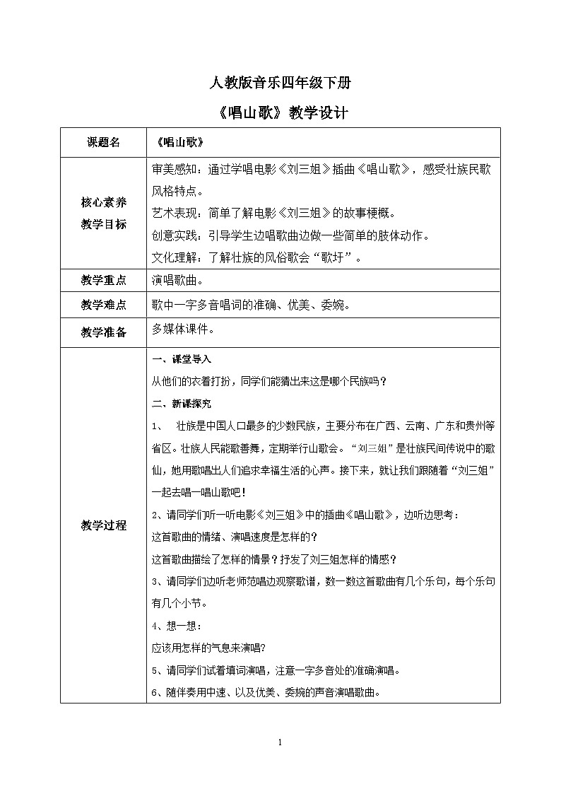 【核心素养目标】人教版（2012）音乐四下2.1 唱山歌 课件+教学设计+音视频素材01