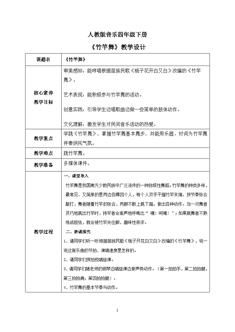 【核心素养目标】人教版（2012）音乐四下2.4 竹竿舞 课件+教学设计+音视频素材01