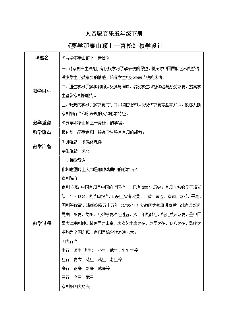 人音版音乐五下5.1 要学那泰山顶上—青松 教学设计第1页
