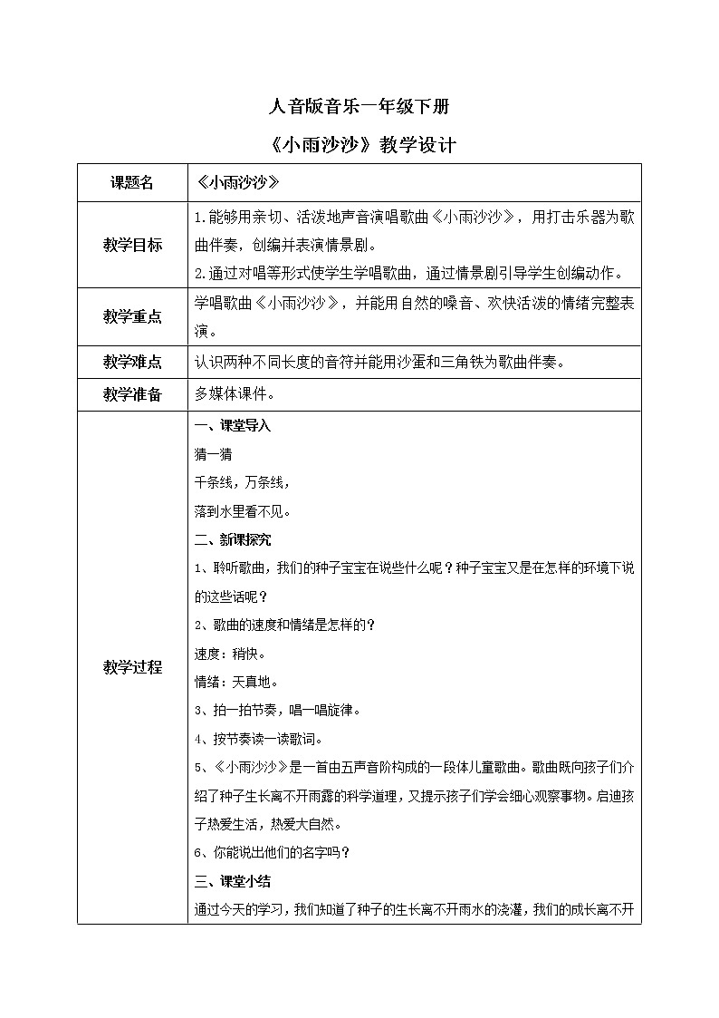 人音版（2012）音乐一下1.3  小雨沙沙 课件+教学设计+素材01
