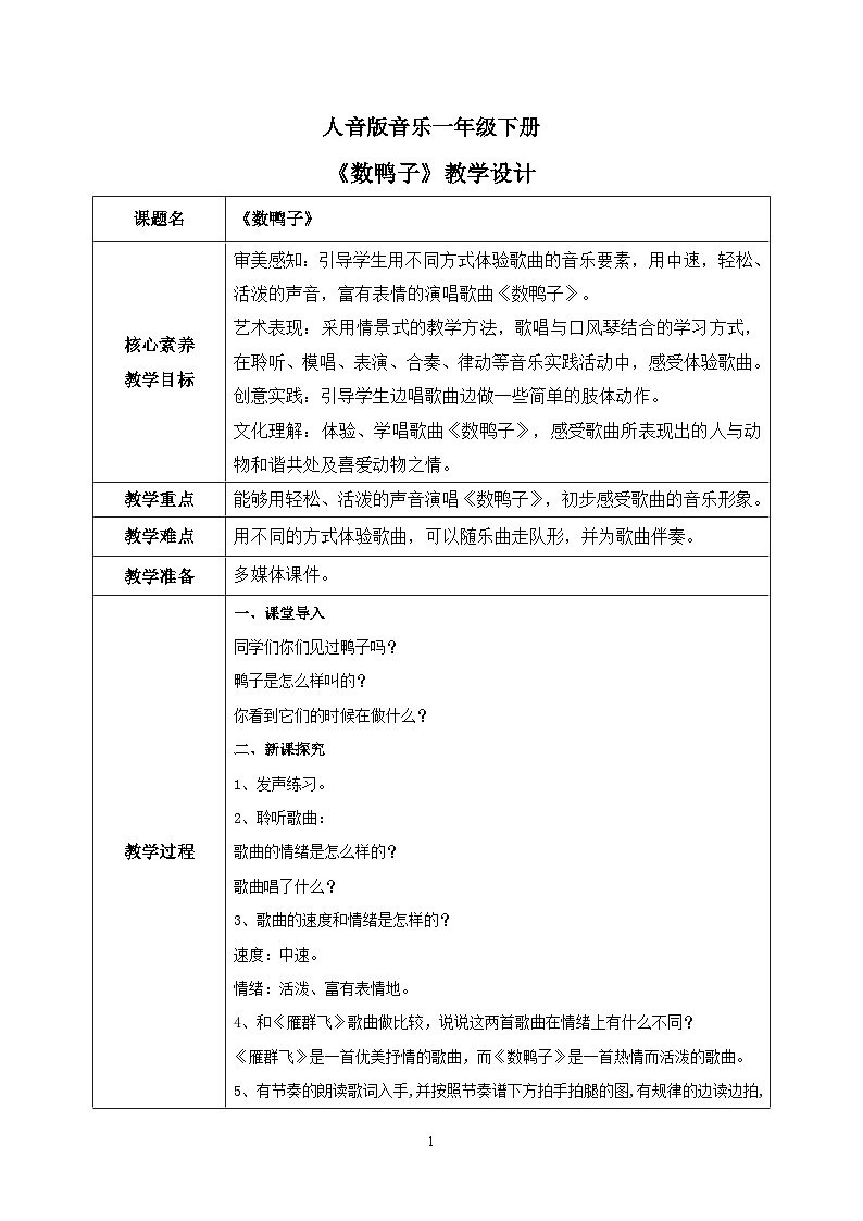 【核心素养目标】人音版（2012）音乐一下3.4  数鸭子 课件+教学设计+素材01