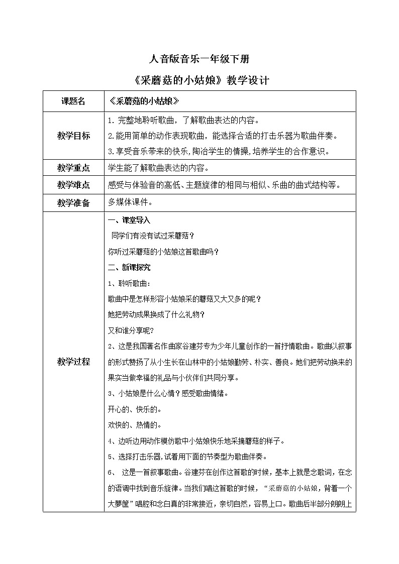 人音版（2012）音乐一下7.1  采蘑菇的小姑娘 课件+教学设计+素材01