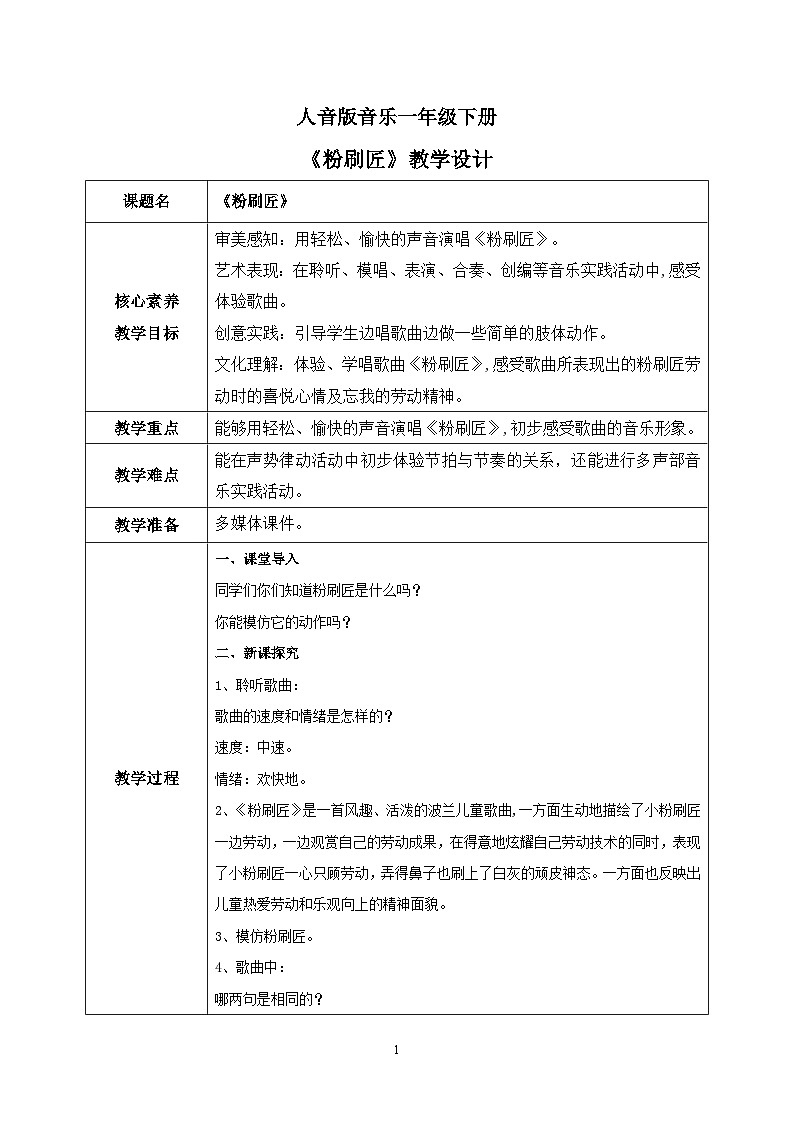 【核心素养目标】人音版（2012）音乐一下7.3  粉刷匠 教学设计第1页