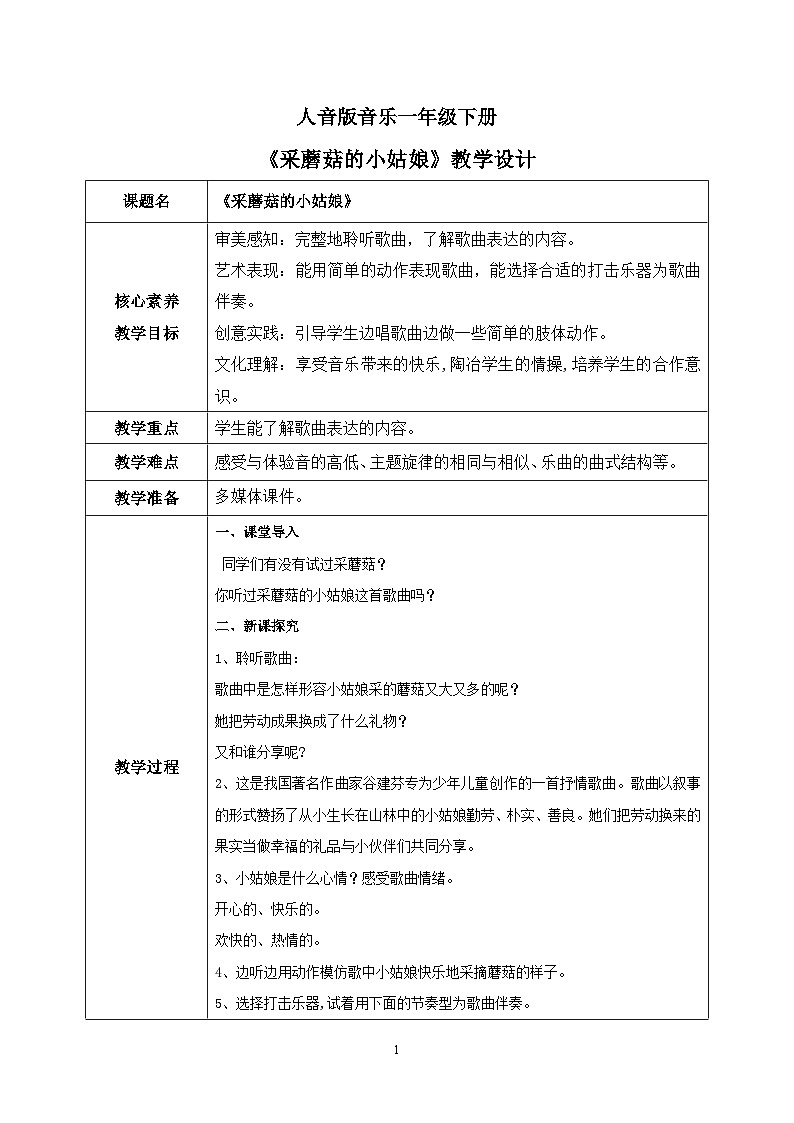 【核心素养目标】人音版（2012）音乐一下7.1  采蘑菇的小姑娘 课件+教学设计+素材01