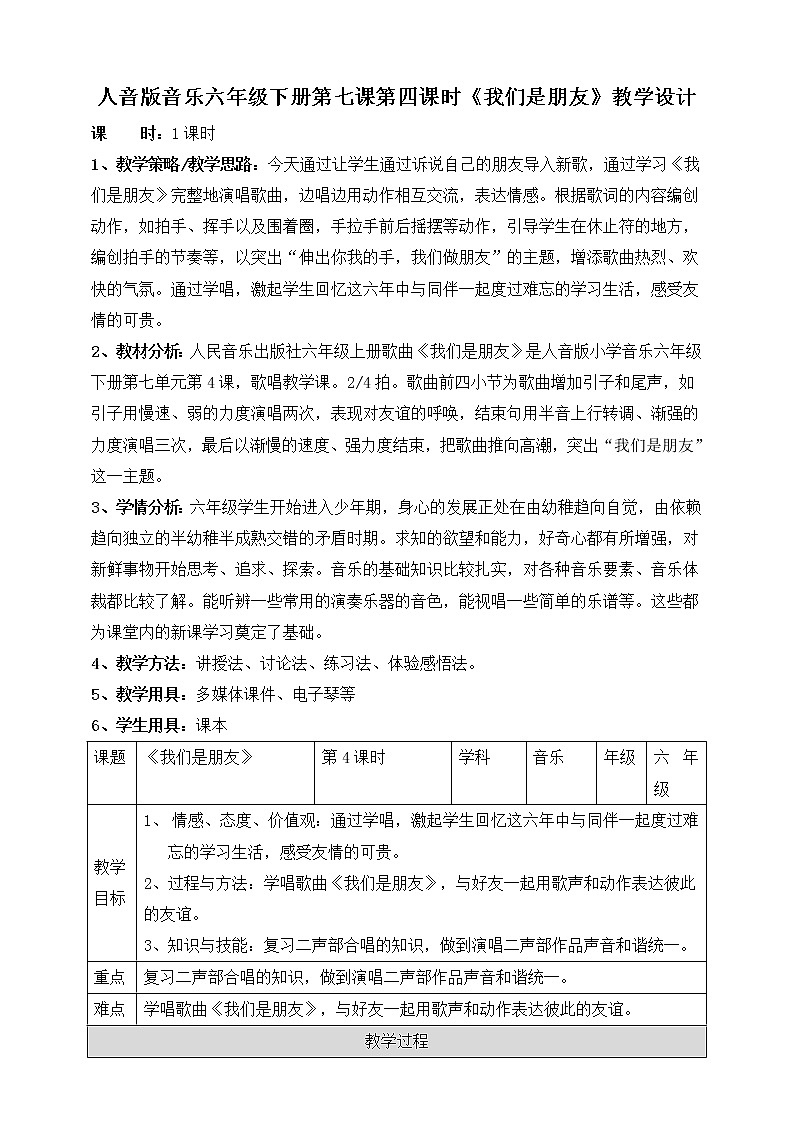 人音版六年级下册第七课第四课时《我们是朋友》课件+教案+音视频素材01