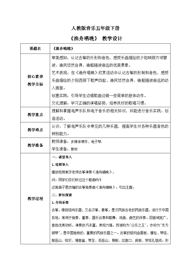 【核心素养目标】人教版音乐五下5.3渔舟唱晚 课件+教学设计+素材01