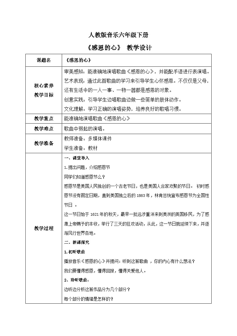 【核心素养目标】人教版音乐六下1.1 感恩的心 课件+教学设计+素材01