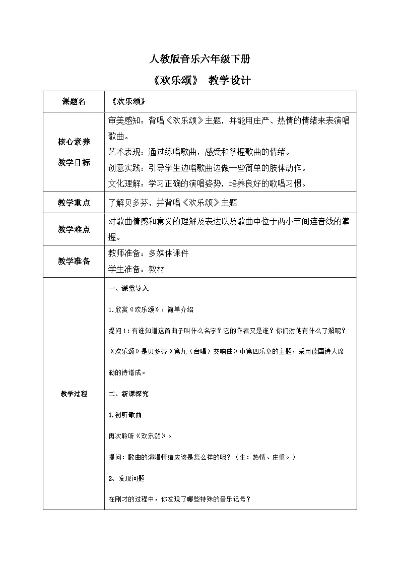 【核心素养目标】人教版音乐六下1.2 欢乐颂 教学设计第1页