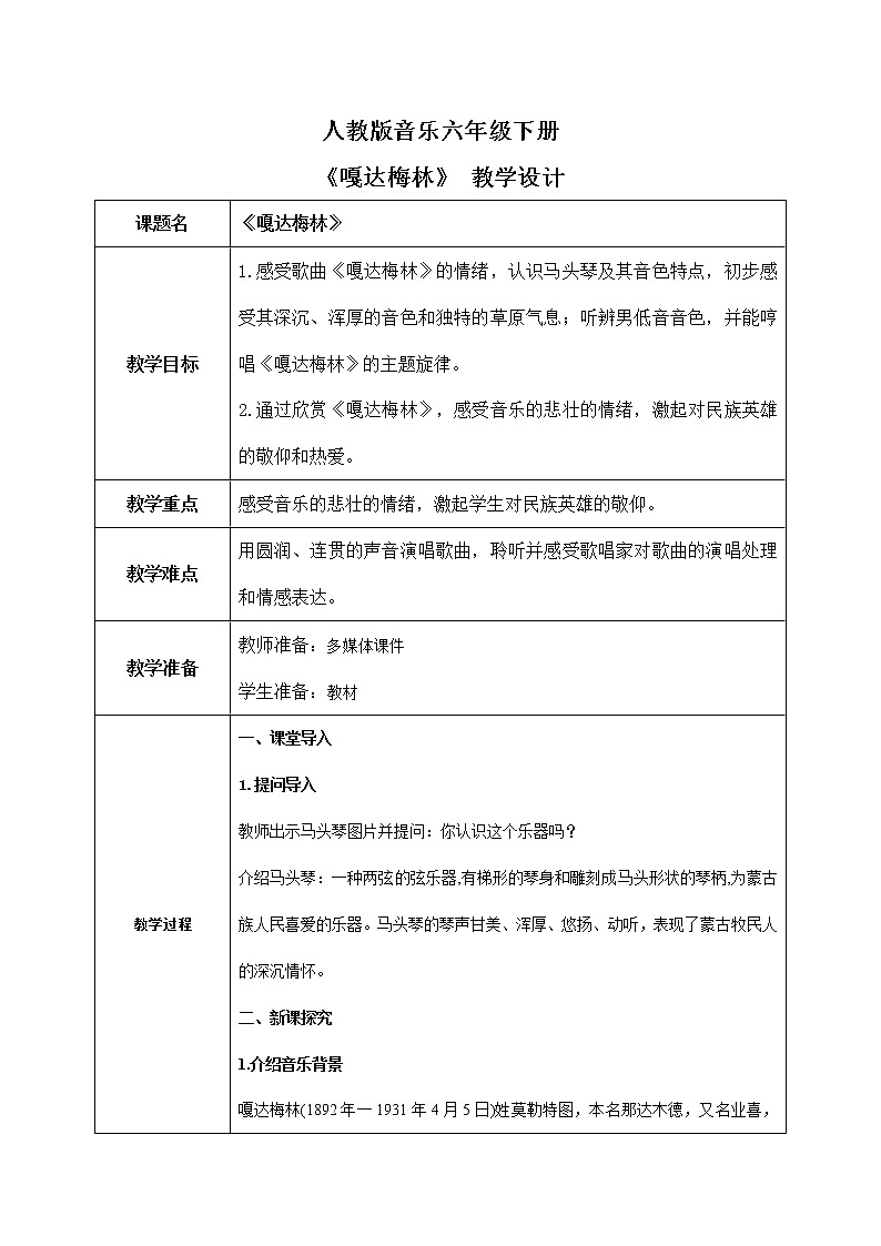 【核心素养目标】人教版音乐六下4.2 嘎达梅林 课件+教学设计+素材01