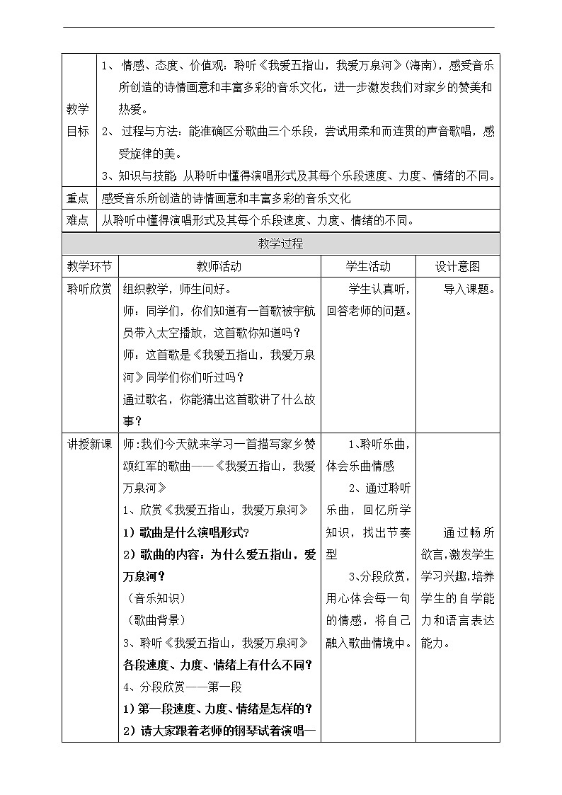 人音版四年级下册第五单元第二课时《我爱五指山，我爱万泉河》教案第2页