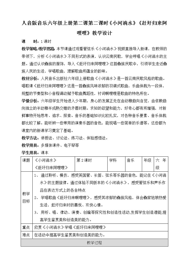 人音版六上音乐  第二课第二课时《小河淌水》+《赶圩归来阿哩哩》课件+教案+音视频素材01