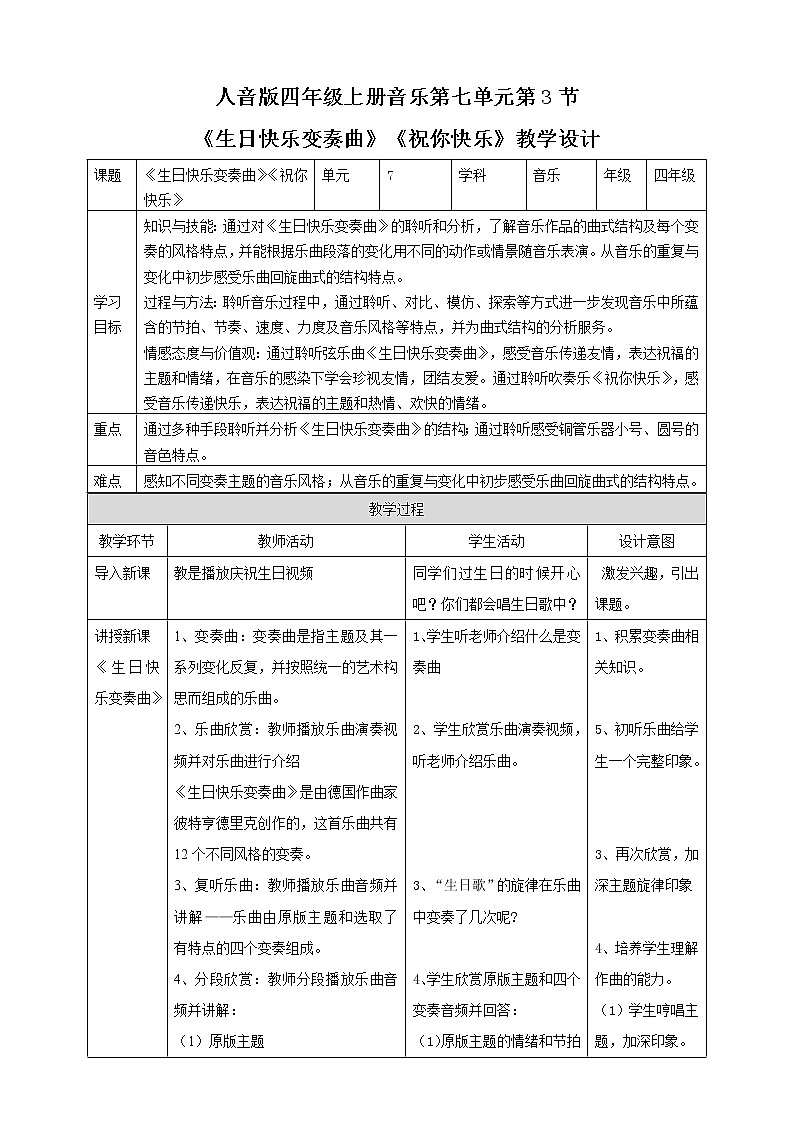 人音版四年级上册音乐第七单元第3节《生日快乐变奏曲》《祝你快乐》第1页