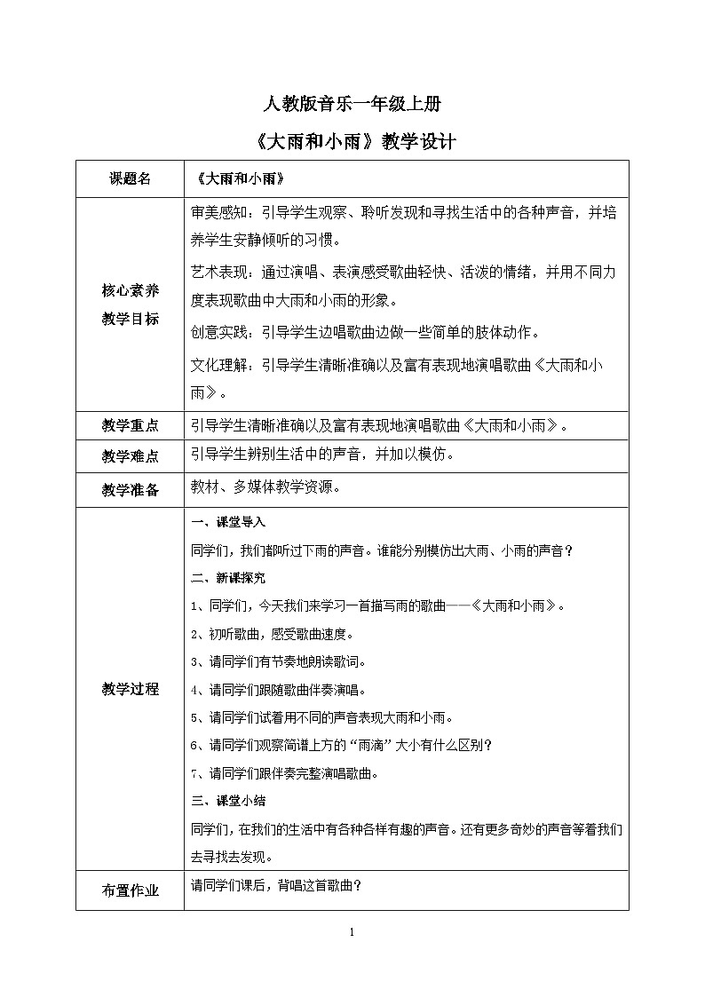 【核心素养目标】人教版（2012）音乐一年级上1.1 大雨和小雨 课件+教学设计+素材01