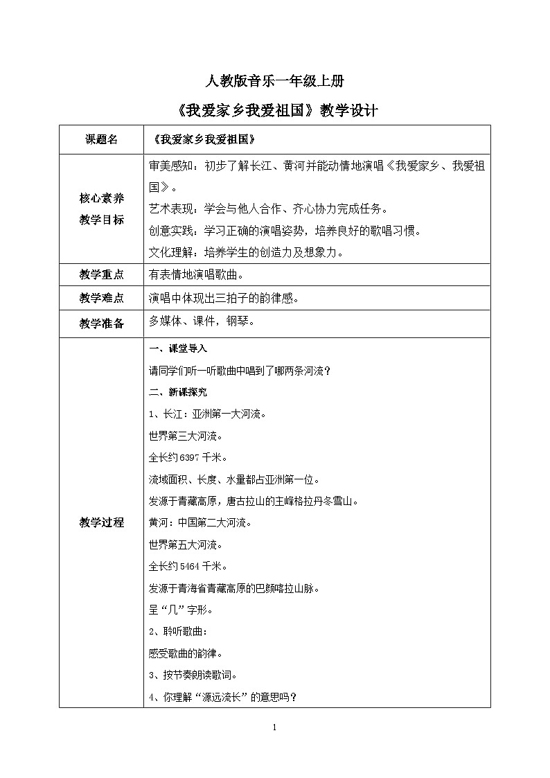 【核心素养目标】人教版（2012）音乐一年级上2.5 我爱家乡我爱祖国 课件+教学设计+素材01