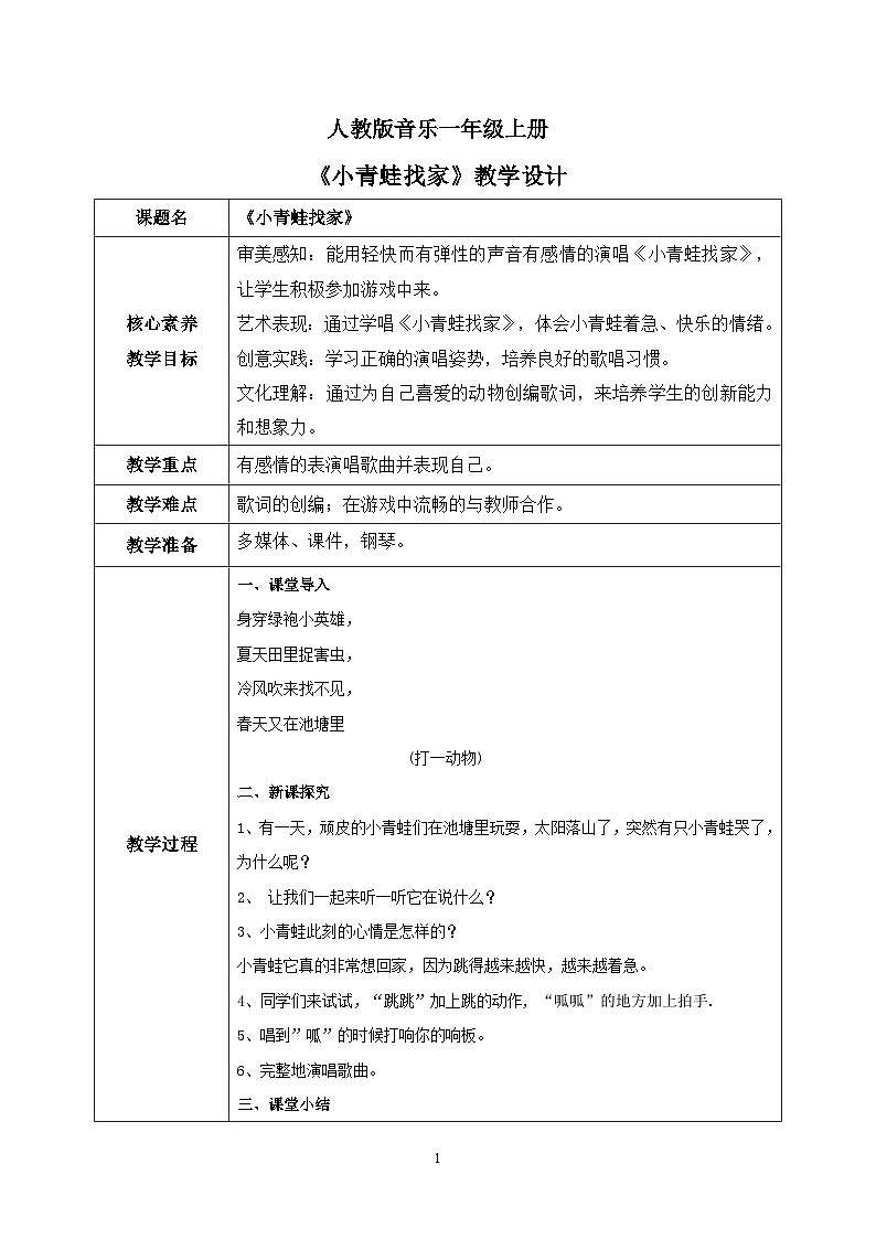 【核心素养目标】人教版（2012）音乐一年级上4.1 小青蛙找家 课件+教学设计+素材01