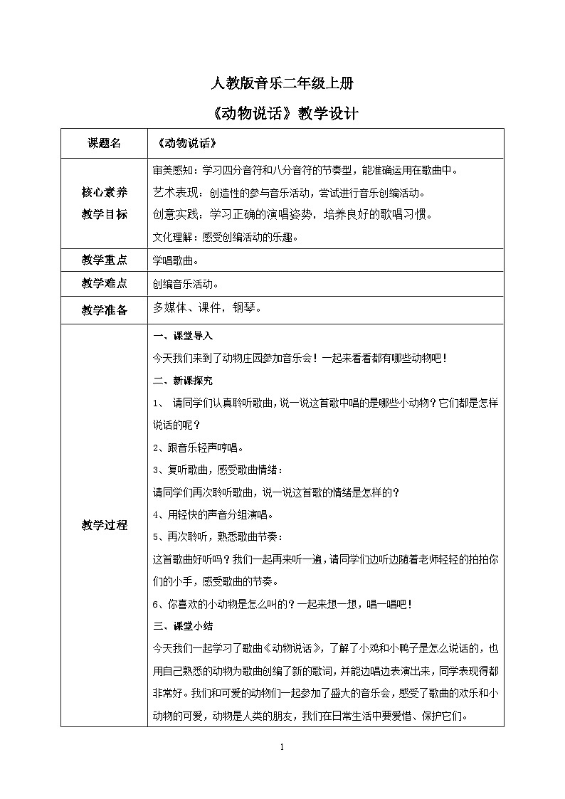 【核心素养目标】人教版（2012）音乐二年级上4.1 动物说话 课件+教学设计+素材01