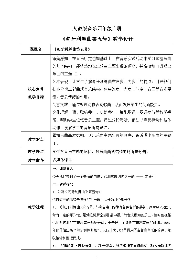 【核心素养目标】人教版（2012）音乐四年级上6.4 匈牙利舞曲第五号 课件+教学设计+素材01