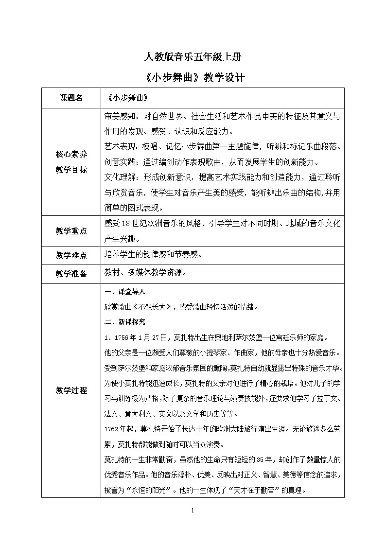【核心素养目标】人教版（2012）音乐五年级上3.3 小步舞曲（欣赏）课件+教学设计+素材01