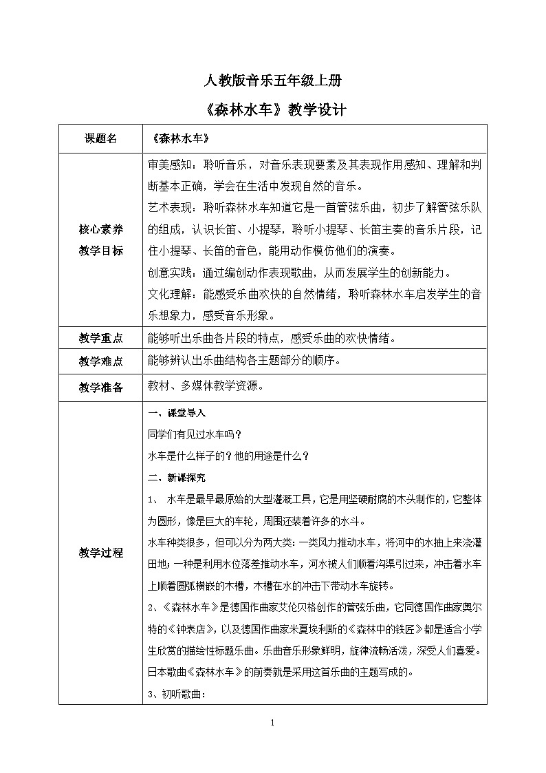【核心素养目标】人教版（2012）音乐五年级上5.2 森林水车 教学设计第1页