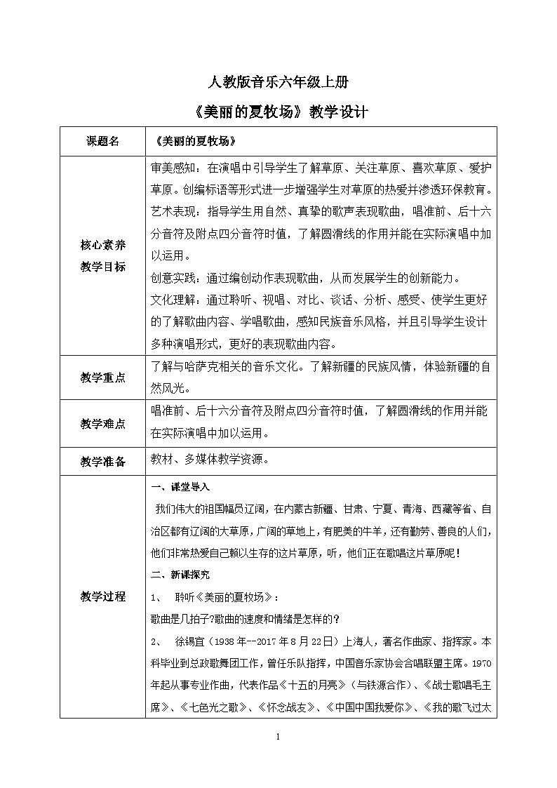 【核心素养目标】人教版（2012）音乐六年级上2.1 美丽的夏牧场 课件+教学设计+素材01