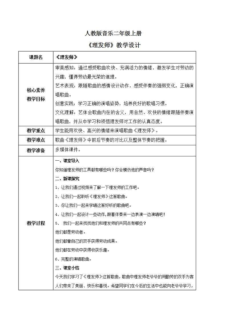 【核心素养目标】人教版（2012）音乐二年级上3.2 理发师 课件+教学设计+素材01