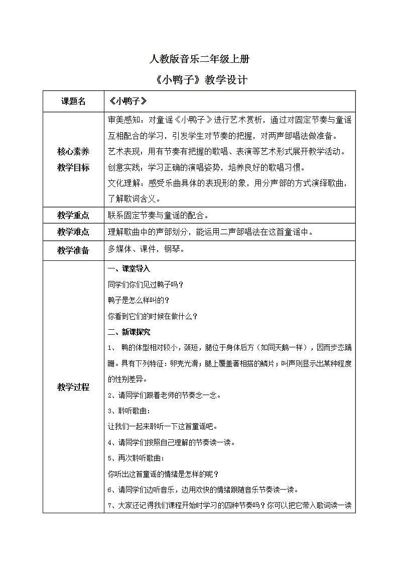 【核心素养目标】人教版（2012）音乐二年级上4.2 小鸭子 课件+教学设计+素材01