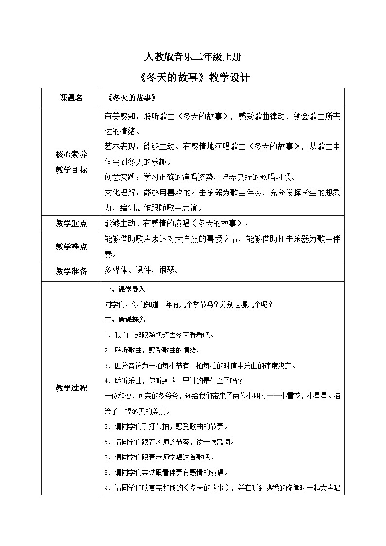 【核心素养目标】人教版（2012）音乐二年级上6.1 冬天的故事 课件+教学设计+素材01
