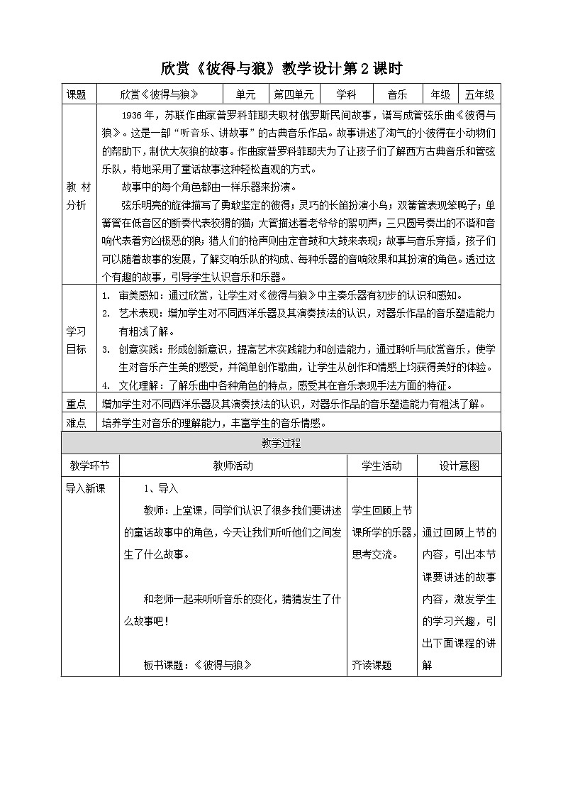 【人教版】五上音乐  第四课第2课时欣赏《彼得与狼》课件+教案+素材01