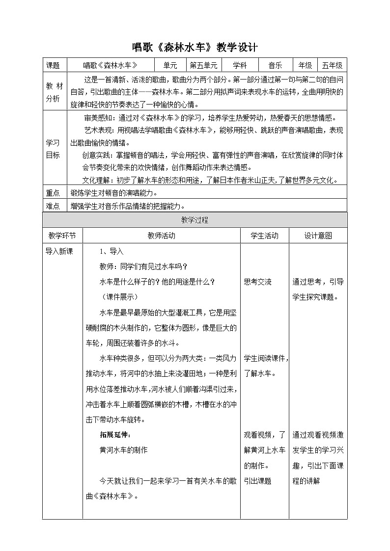【人教版】五上音乐  第五课第2课时《森林水车》课件+教案+素材01