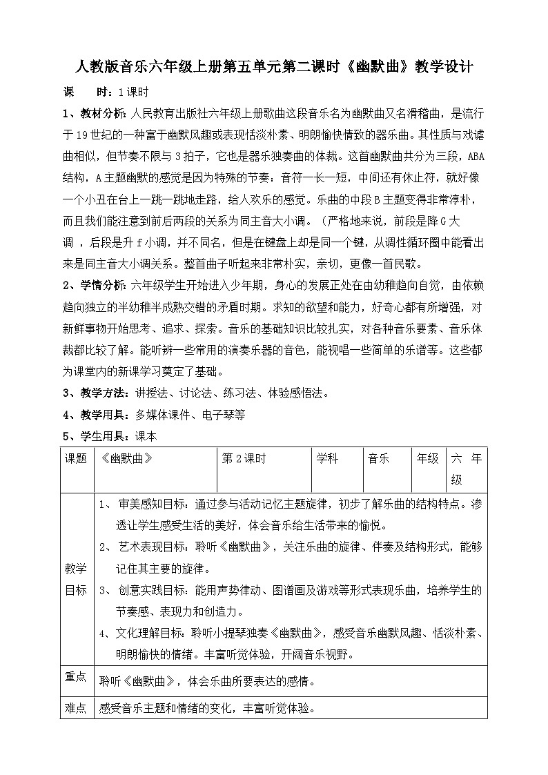 【人教版】六上音乐  第五单元第二课时《幽默曲》课件+教案+音视频素材01