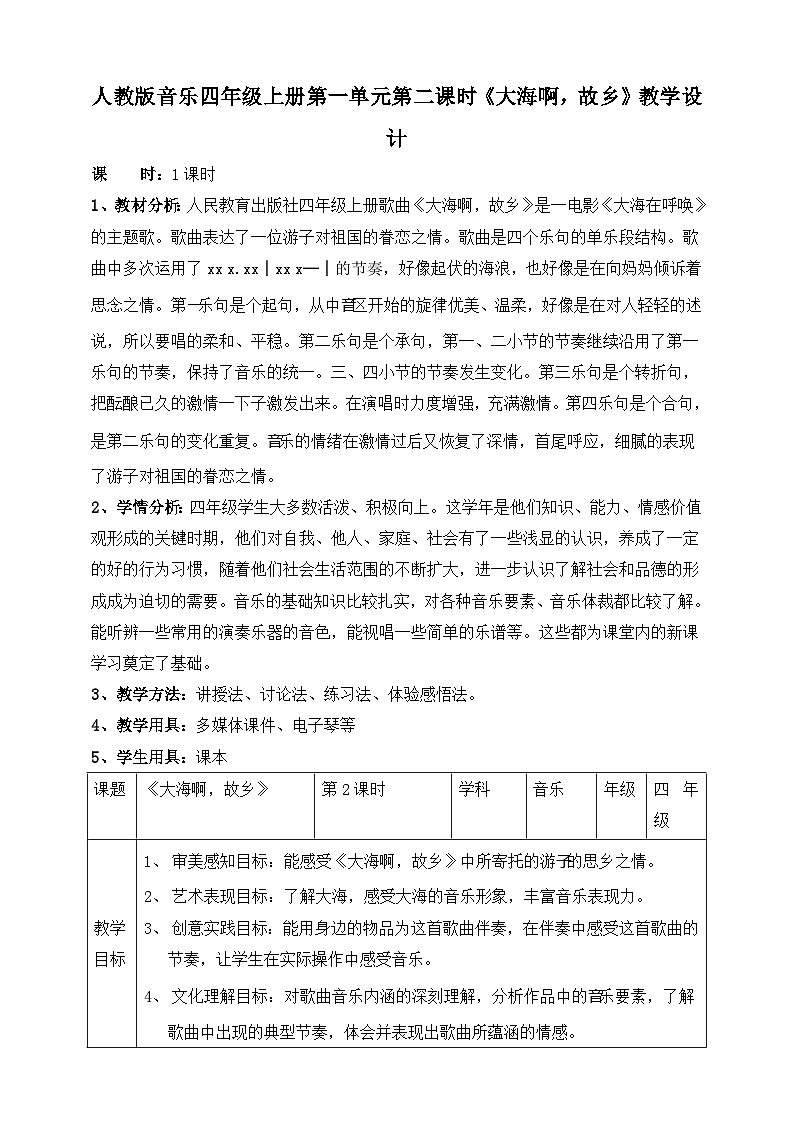 【人教版】四上音乐  第一单元第二课时《大海啊，故乡》课件+教案+音视频素材01