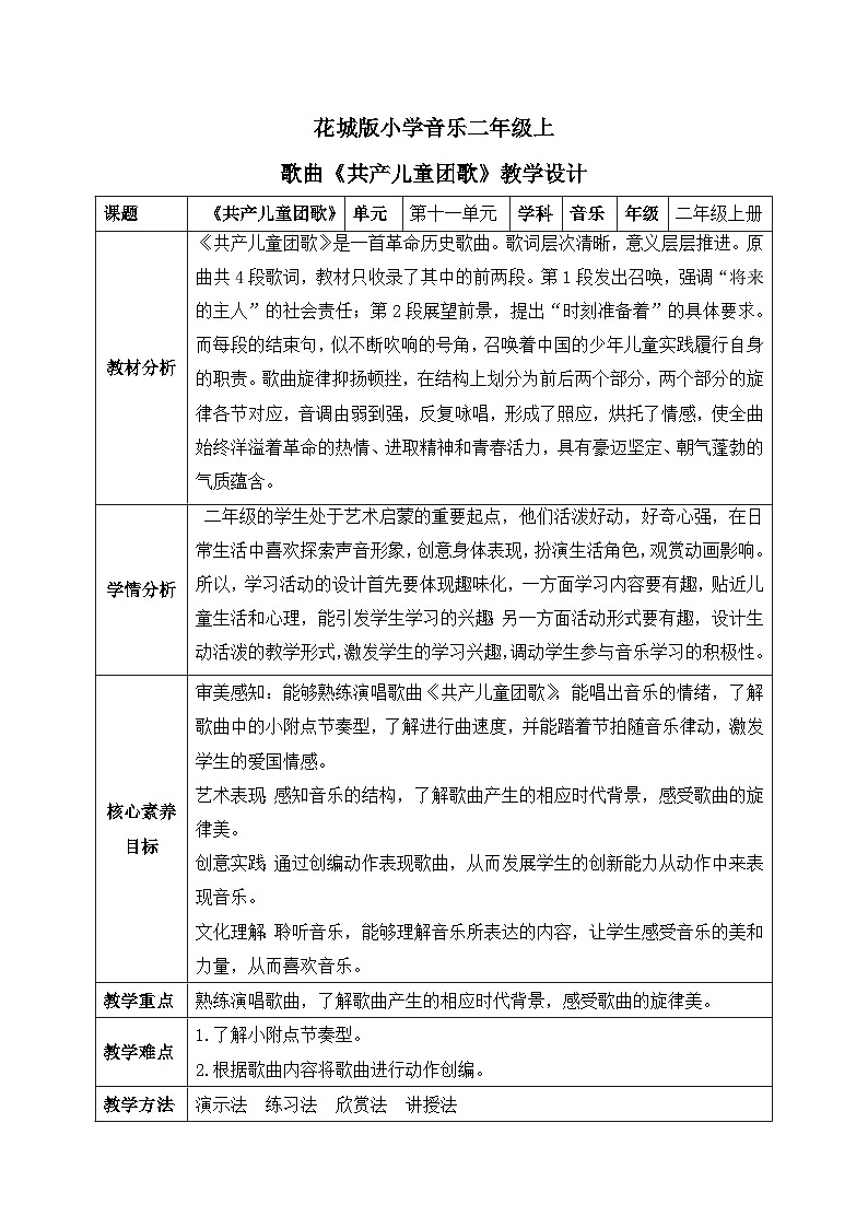 【核心素养目标】花城版小学音乐二年级上册 《共产儿童团歌》  教案（含教学反思）第1页