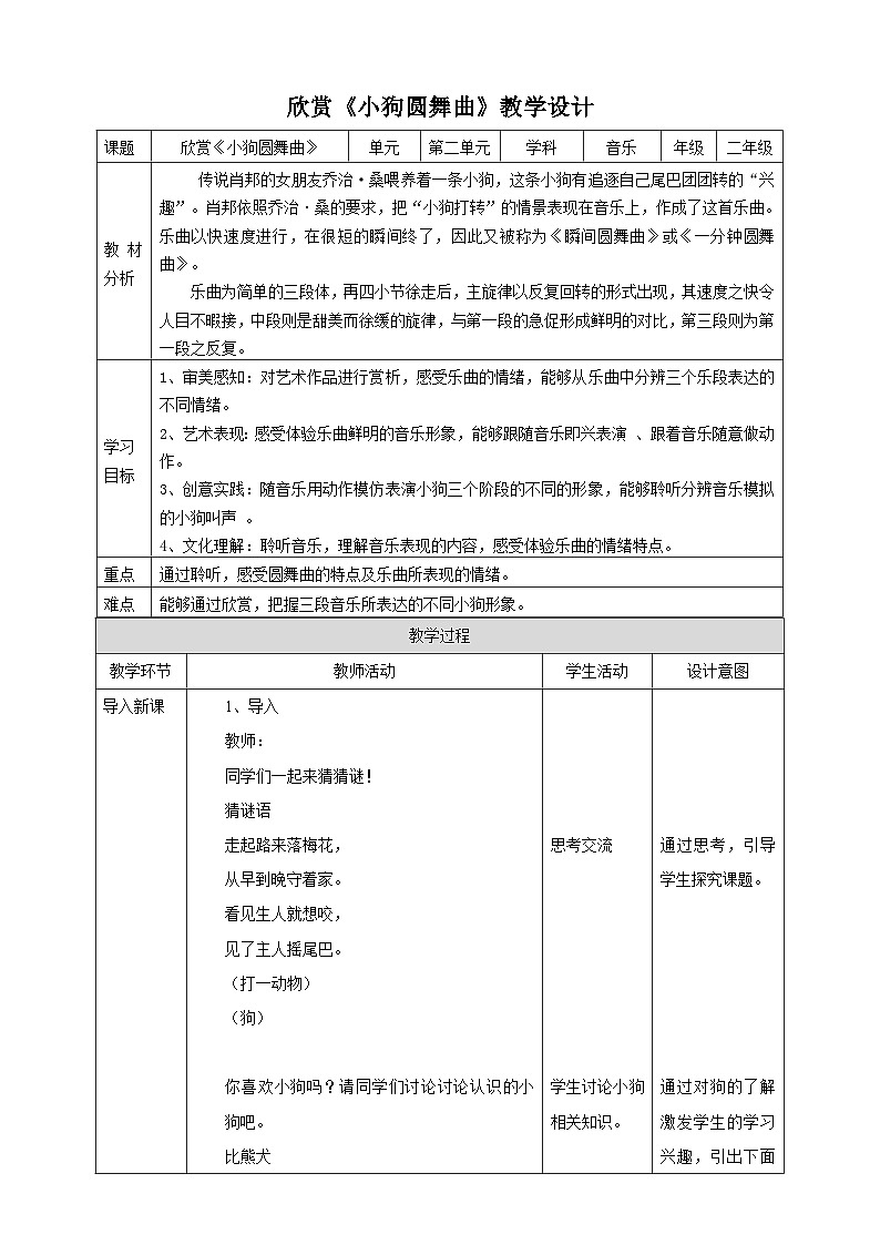 【核心素养】人教二上音乐  第四课第5课时《小狗圆舞曲》课件+教案+素材01