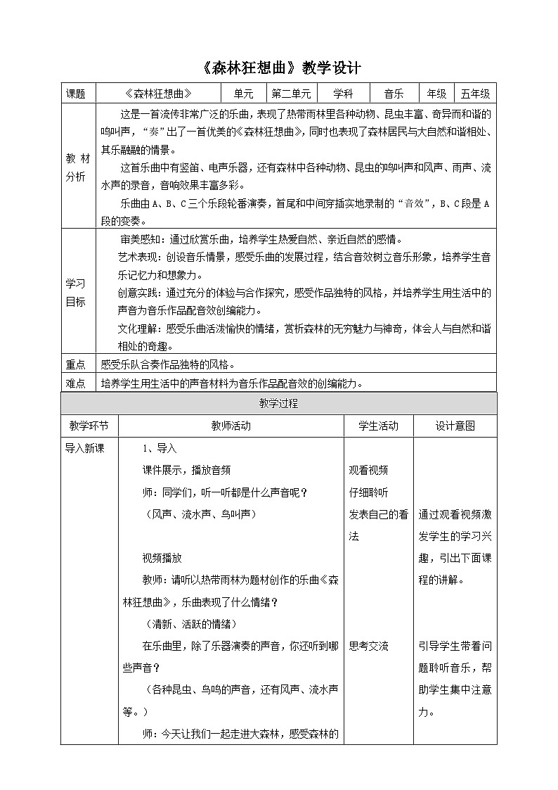 【核心素养】人教版音乐五年级上册2.3《森林狂想曲》教案第1页