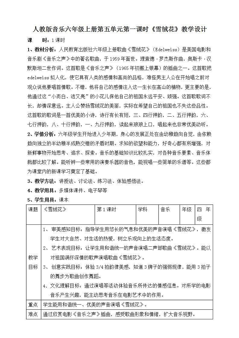 【核心素养】人教版音乐六年级上册5.1《雪绒花》课件+教案+音视频素材01