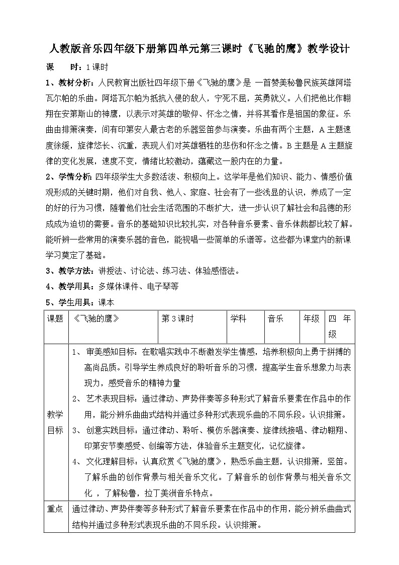 【人教版】四下音乐  第四单元第三课时《飞驰的鹰》课件+教案+音视频素材01