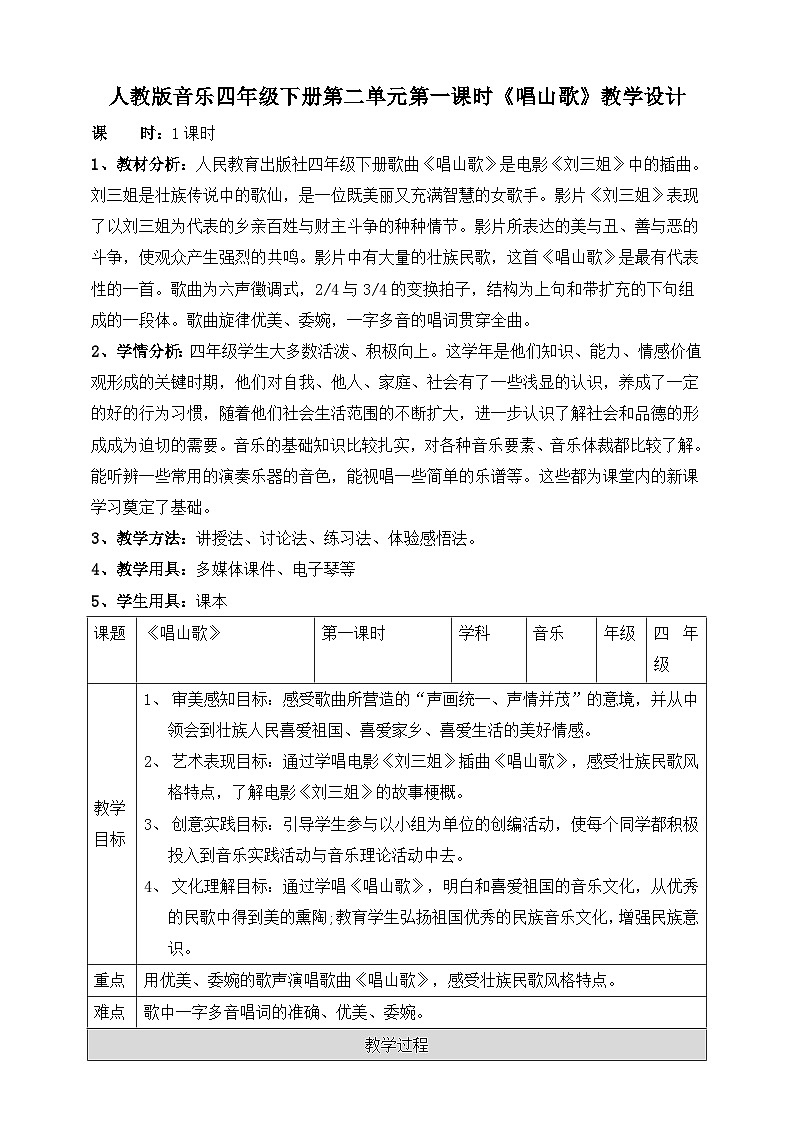【人教版】四下音乐  第二单元第一课时《唱山歌》课件+教案+音视频素材01