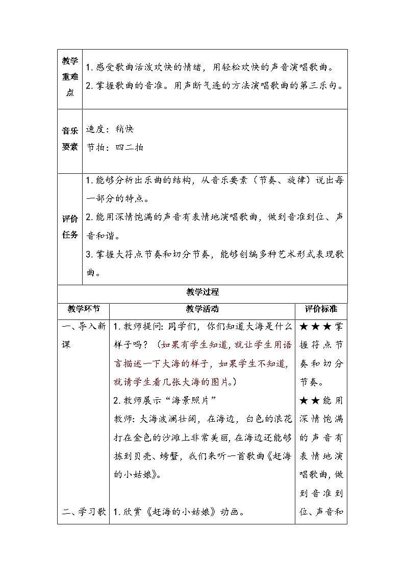 《赶海的小姑娘》（教案）人教版（2012）音乐四年级上册第2页