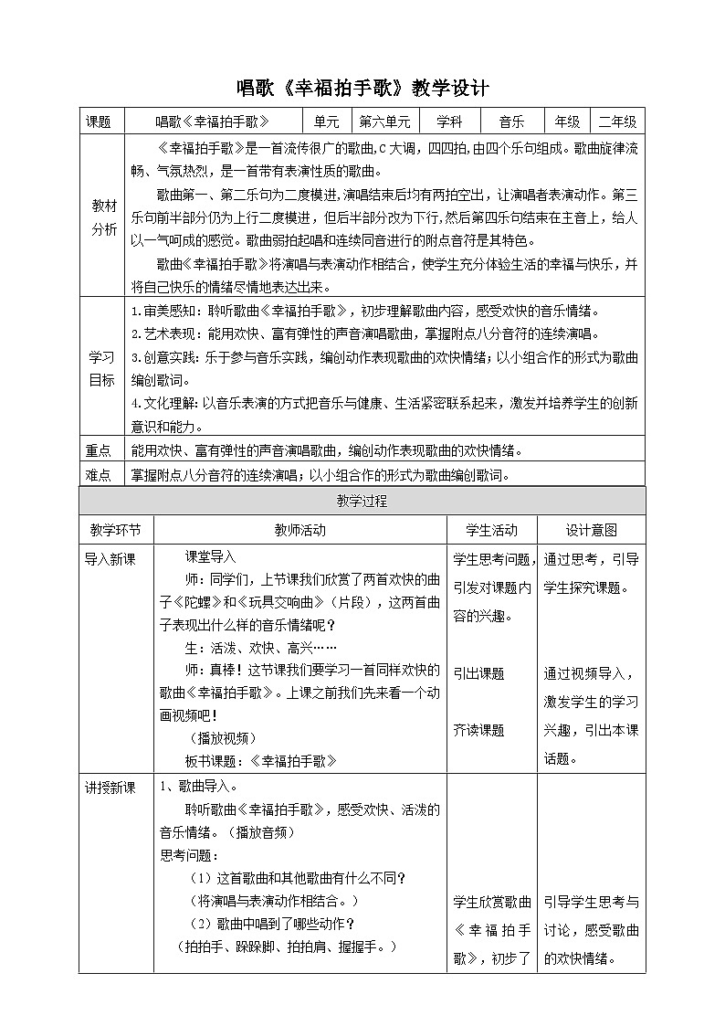 【人教版】二下音乐  第六单元第三课时《幸福拍手歌》课件+教案+素材01