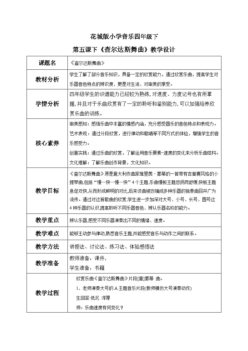 花城版4下音乐第五课下《查尔达斯舞曲》教案01
