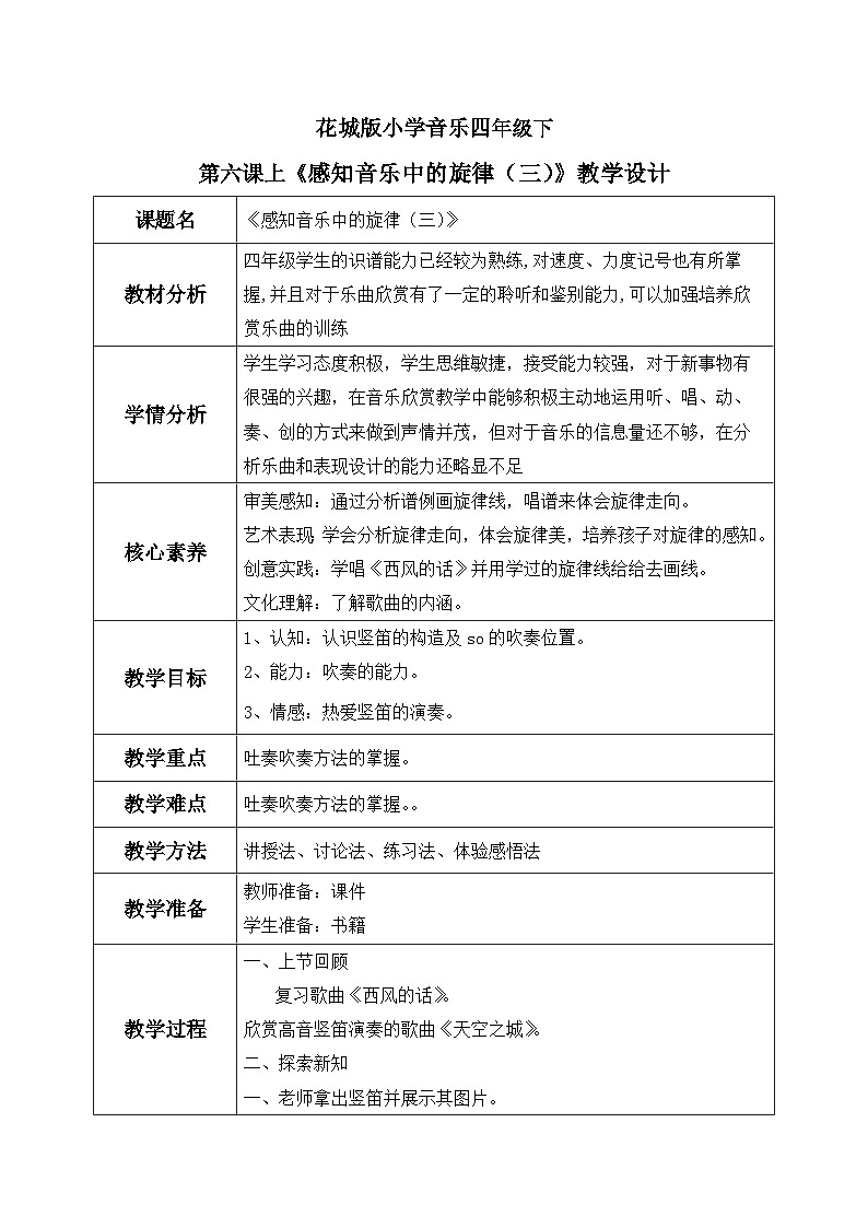 花城版4下音乐第六课下《学吹竖笛》教案第1页