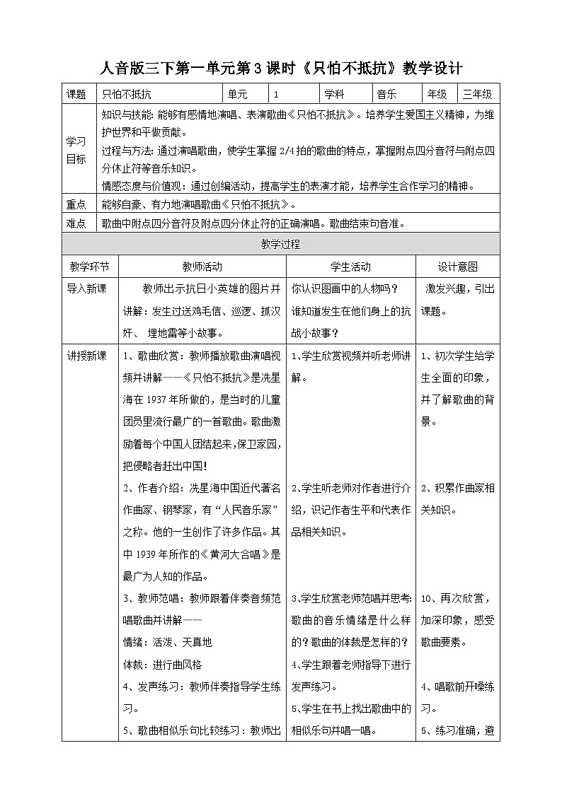 人音版三下音乐 第一单元第3课时《只怕不抵抗》（课件+教案+素材）01
