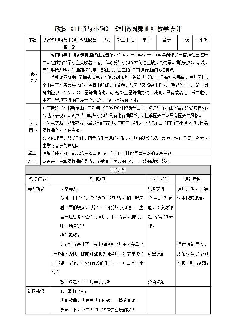 【新课标】人教版音乐二年级下册3.3《口哨与小狗》《杜鹃圆舞曲》教案第1页