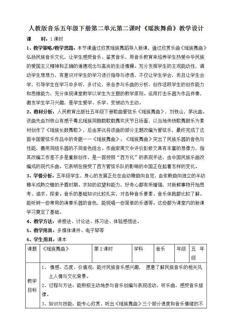 人教版音乐五年级下册2.2欣赏演奏《瑶族舞曲》教案第1页