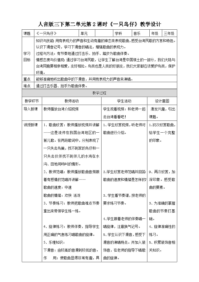 人音版音乐三年级下册第二单元第二课《一只鸟仔》课件+教案+素材01