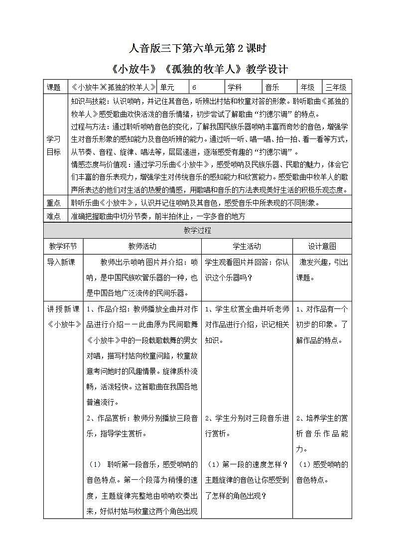 人音版音乐三年级下册第六单元第二课《小放牛》《孤独的牧羊人》课件+教案+素材01